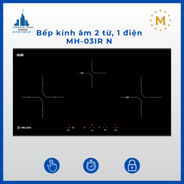 Bếp kính âm 2 từ, 1 điện Malloca MH-03IR N
