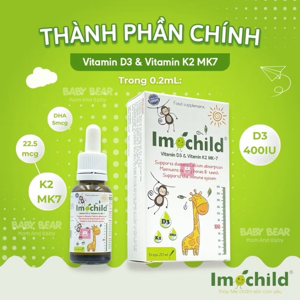 Imochild Vitamin D3 & Vitamin K2 MK7 20ml (siro nhỏ giọt) - Tây Ban Nha