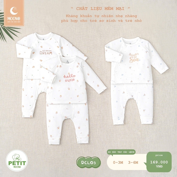 Bộ dài tay cài lệch sơ sinh Moon ( dream, hello, sea 0-3, 3-6m)