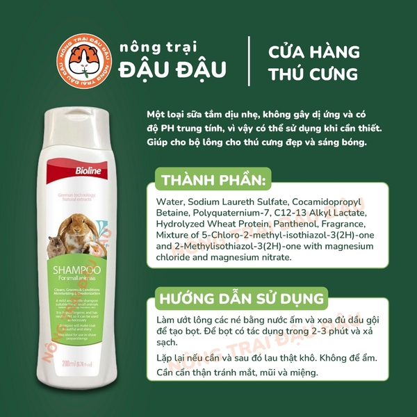 Sữa Tắm Bioline Cho Bọ Ú, Hamster, Nhím, Rat, Thú Nhỏ 200ml
