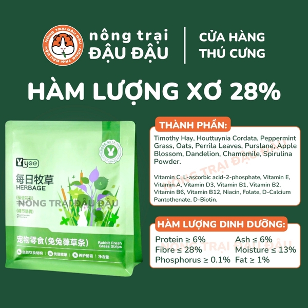 Bánh Cỏ Timothy Thảo Mộc Yee Cho Thỏ, Bọ Ú, Chinchilla 80% Từ Cỏ Giàu Chất Xơ 200g