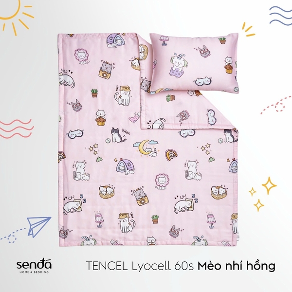 Bộ chăn gối cho bé đi học Lụa Tencel họa tiết - Mèo nhí hồng