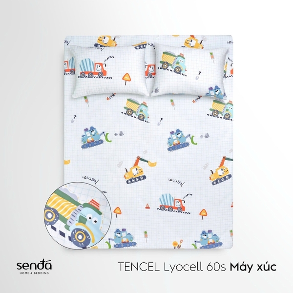 Bộ ga gối 3 món cho bé Lụa Tencel họa tiết - Máy xúc