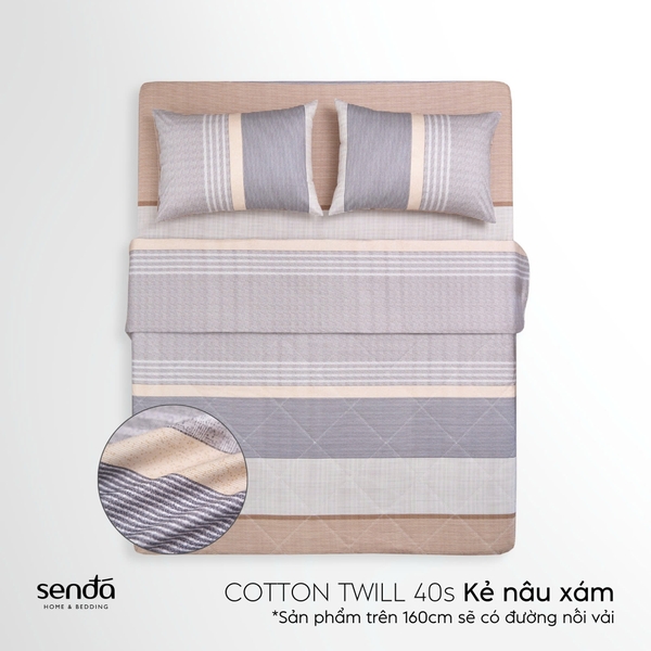 Bộ chăn ga gối 4 món Cotton Twill họa tiết kẻ sọc - Kẻ nâu xám