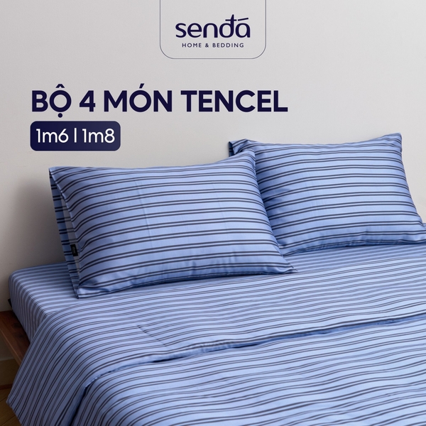 Bộ chăn ga gối 4 món Lụa Tencel họa tiết kẻ sọc