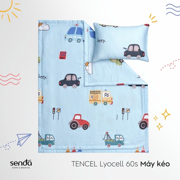 Bộ chăn gối cho bé đi học Lụa Tencel họa tiết - Máy kéo