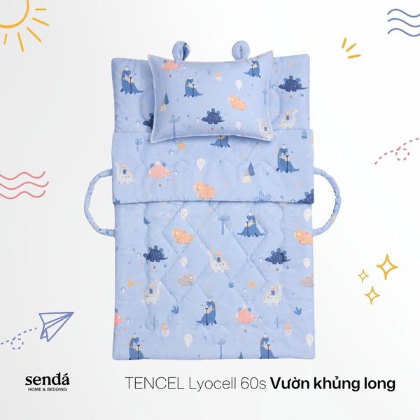 Bộ chăn gối nệm cho bé gấp gọn 5 trong 1 Lụa Tencel họa tiết - Vườn khủng long