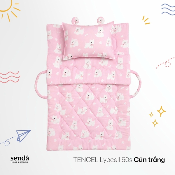 Bộ chăn gối nệm cho bé gấp gọn 5 trong 1 Lụa Tencel họa tiết - Cún trắng