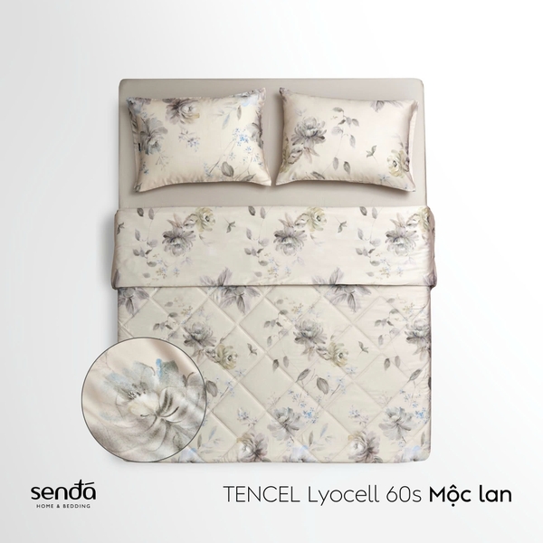 Bộ chăn ga gối 4 món (chăn chần bông) Lụa Tencel 60S họa tiết - Mộc lan