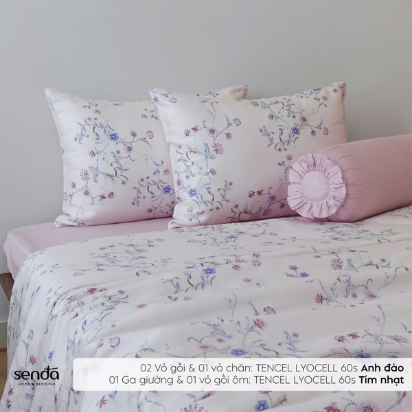 Bộ chăn ga gối 5 món Lụa Tencel 60S họa tiết - Anh đào