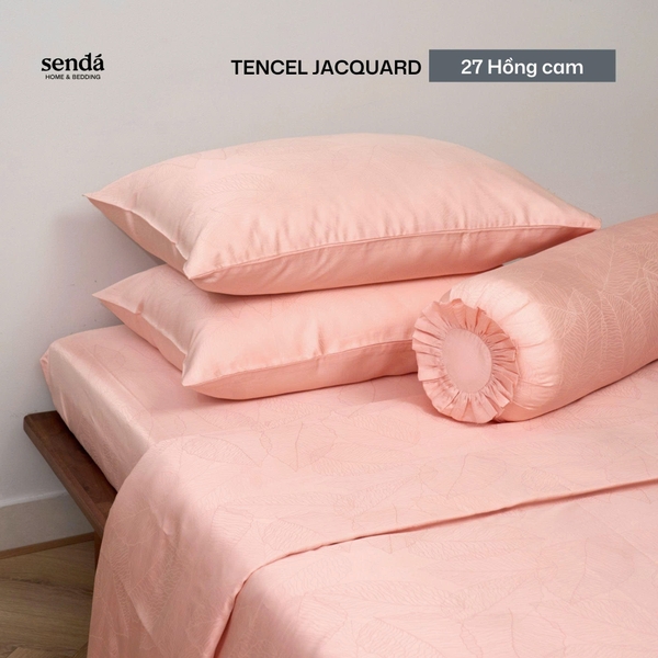 Bộ chăn ga gối 5 món Lụa Tencel Jacquard vân gấm - 27 Hồng cam