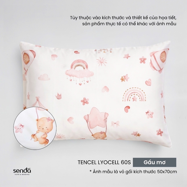 Vỏ gối nằm cho bé đi học Lụa Tencel họa tiết - Gấu mơ