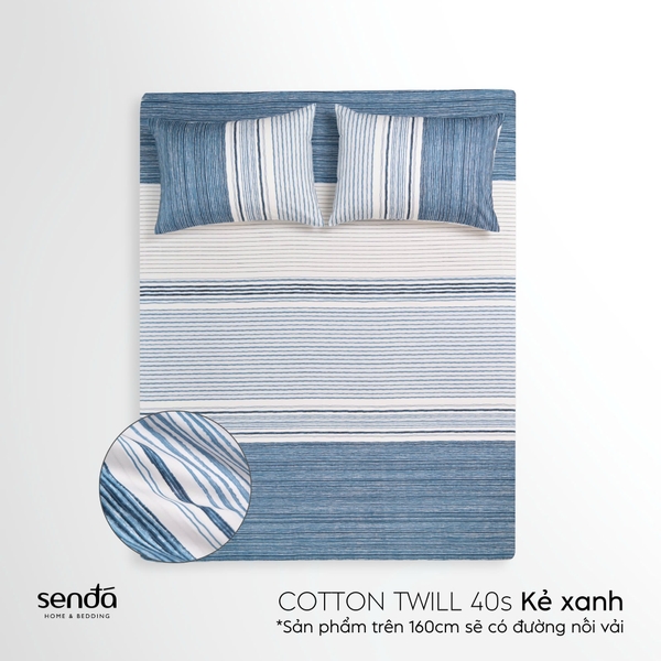 Bộ ga gối 3 món Cotton Twill họa tiết kẻ sọc - Kẻ xanh