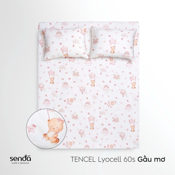Bộ ga gối 3 món cho bé Lụa Tencel họa tiết - Gấu mơ