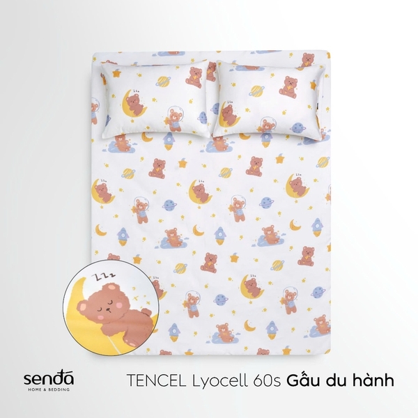 Bộ ga gối 3 món cho bé Lụa Tencel họa tiết - Gấu du hành