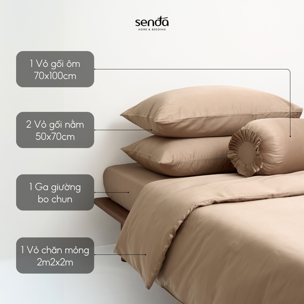 Bộ chăn ga gối 5 món Tencel Cotton trơn màu