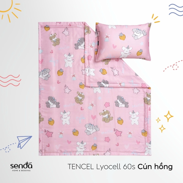 Bộ chăn gối cho bé đi học Lụa Tencel họa tiết - Cún hồng