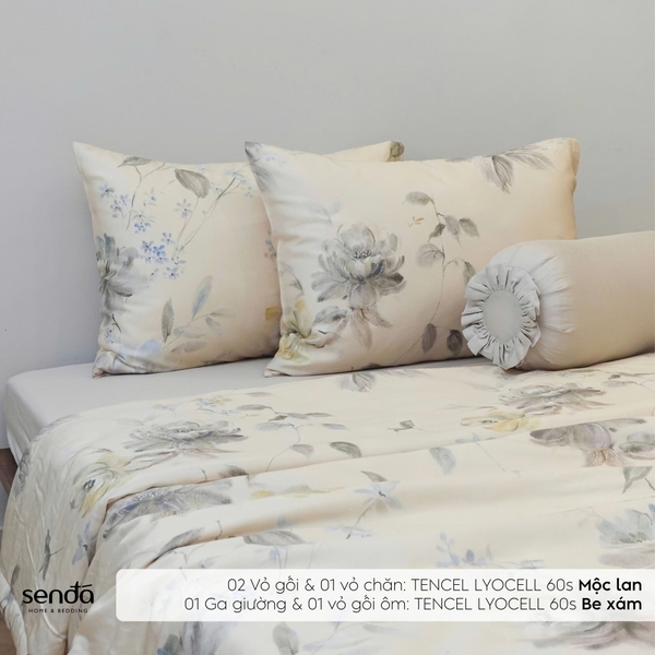 Bộ chăn ga gối 5 món Lụa Tencel 60S họa tiết - Mộc lan