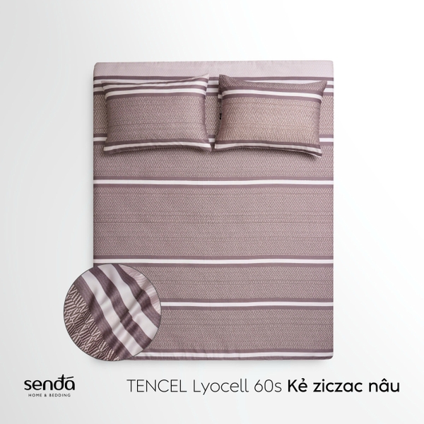 Bộ ga gối 3 món Lụa Tencel 60S họa tiết - Kẻ ziczac nâu