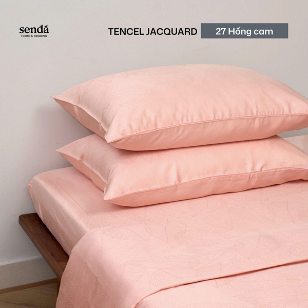 Bộ chăn ga gối 4 món Lụa Tencel Jacquard vân gấm - 27 Hồng cam