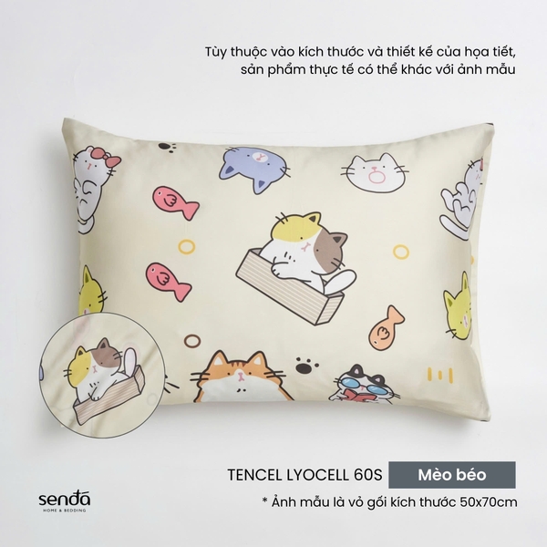 Vỏ gối nằm cho bé đi học Lụa Tencel họa tiết - Mèo béo