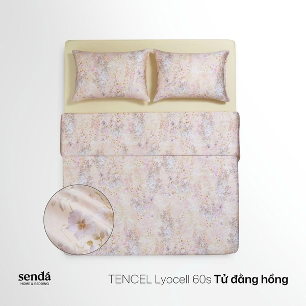 Bộ chăn ga gối 4 món (chăn chần bông) Lụa Tencel 60S họa tiết - Tử đằng hồng