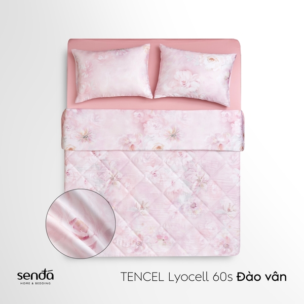 Bộ chăn ga gối 4 món (chăn chần bông) Lụa Tencel 60S họa tiết - Đào vân