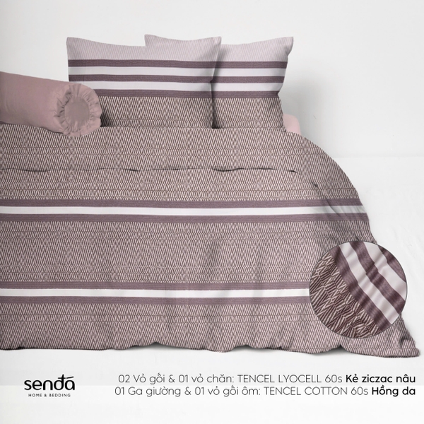 Bộ chăn ga gối 5 món Lụa Tencel 60S họa tiết - Kẻ ziczac nâu