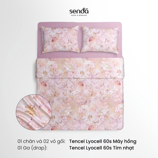 Bộ chăn ga gối 4 món (chăn chần bông) Lụa Tencel 60S họa tiết - Mây hồng