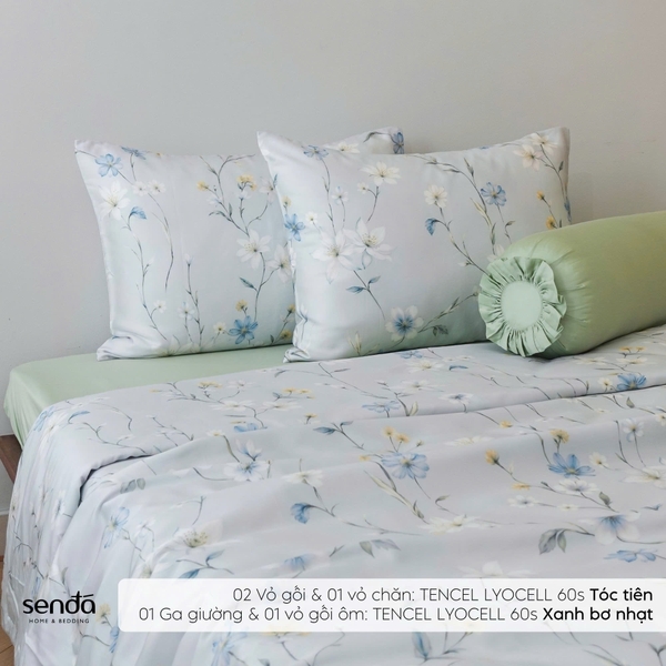 Bộ chăn ga gối 5 món Lụa Tencel 60S họa tiết - Tóc tiên