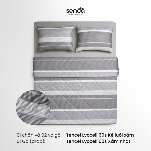 Bộ chăn ga gối 4 món (chăn chần bông) Lụa Tencel 60S họa tiết - Kẻ lưới xám