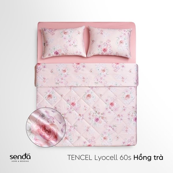 Vỏ chăn chần bông Lụa Tencel 60S họa tiết - Hồng trà