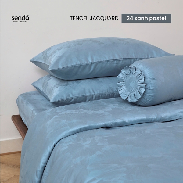 Bộ chăn ga gối 5 món Lụa Tencel Jacquard vân gấm - 24 Xanh pastel