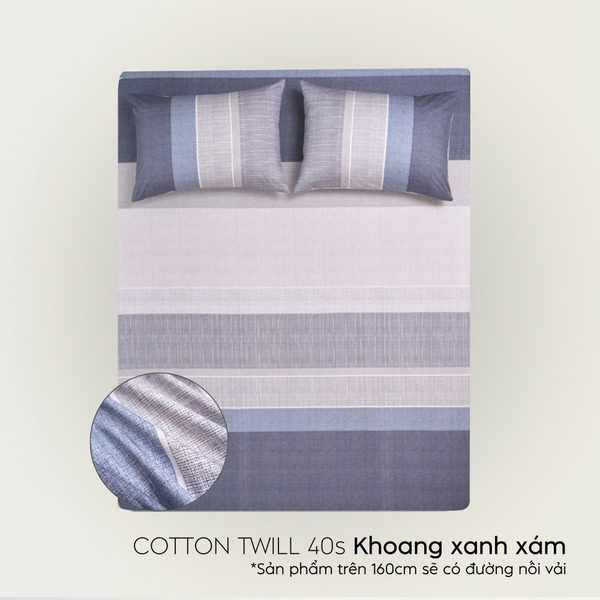 Bộ ga gối 3 món Cotton Twill họa tiết kẻ sọc - Khoang xanh xám