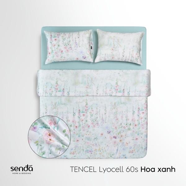 Vỏ chăn chần bông Lụa Tencel 60S họa tiết - Hoa Xanh