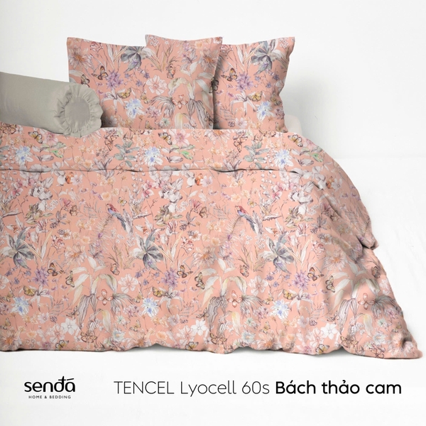 Bộ chăn ga gối 5 món Lụa Tencel 60S họa tiết - Bách thảo cam