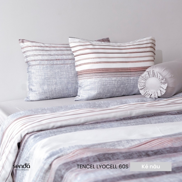 Bộ chăn ga gối 5 món Lụa Tencel 60S họa tiết - Kẻ nâu