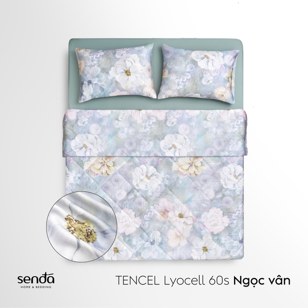 Bộ chăn ga gối 4 món (chăn chần bông) Lụa Tencel 60S họa tiết - Ngọc vân