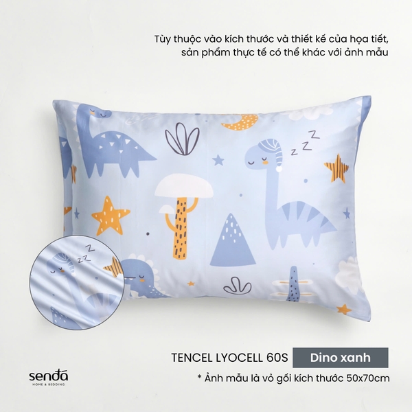 Vỏ gối nằm cho bé đi học Lụa Tencel họa tiết - Dino xanh