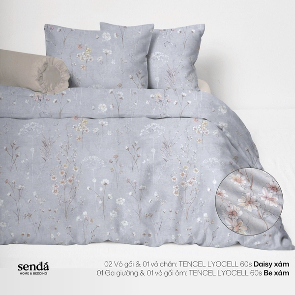 Bộ chăn ga gối 5 món Lụa Tencel 60S họa tiết - Daisy Xám