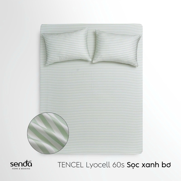 Bộ ga gối 3 món Lụa Tencel  họa tiết kẻ sọc - Sọc xanh bơ