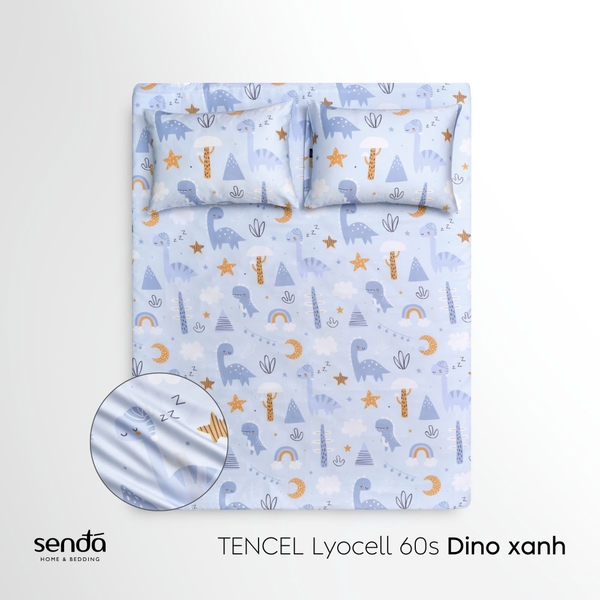 Bộ ga gối 3 món cho bé Lụa Tencel họa tiết - Dino xanh