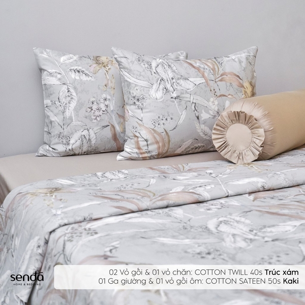 Bộ chăn ga gối 5 món Cotton 40S họa tiết - Trúc xám