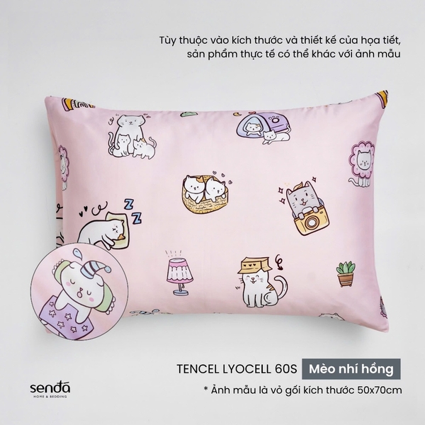 Vỏ gối nằm cho bé đi học Lụa Tencel họa tiết - Mèo nhí hồng
