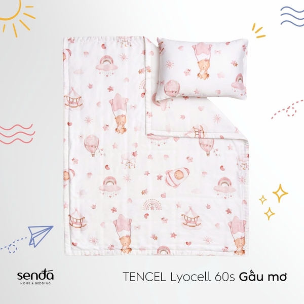 Bộ chăn gối cho bé đi học Lụa Tencel họa tiết - Gấu mơ