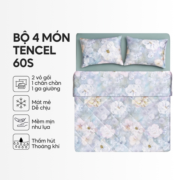 Bộ chăn ga gối 4 món (chăn chần bông) Lụa Tencel 60S họa tiết - Ngọc vân