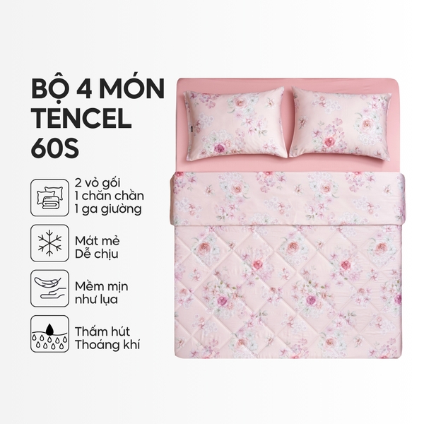 Bộ chăn ga gối 4 món (chăn chần bông) Lụa Tencel 60S họa tiết - Hồng trà