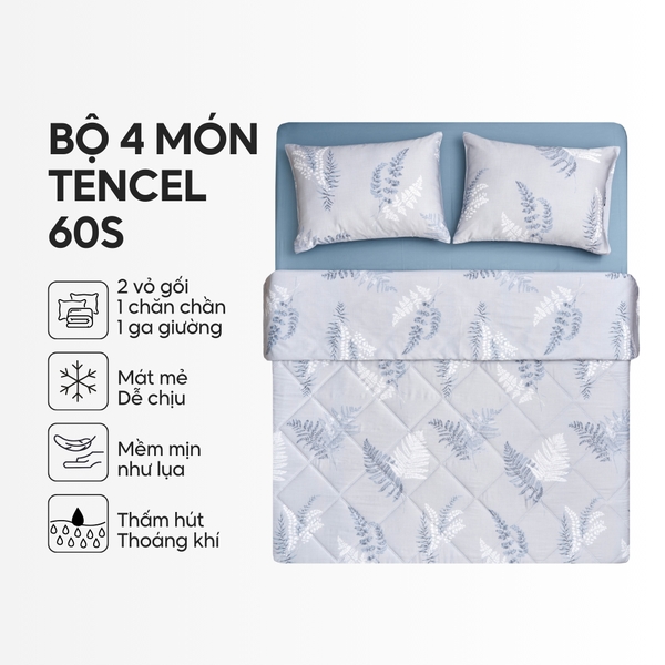 Bộ chăn ga gối 4 món (chăn chần bông) Lụa Tencel 60S họa tiết - Dương xỉ