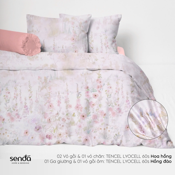 Bộ chăn ga gối 5 món Lụa Tencel 60S họa tiết - Hoa Hồng