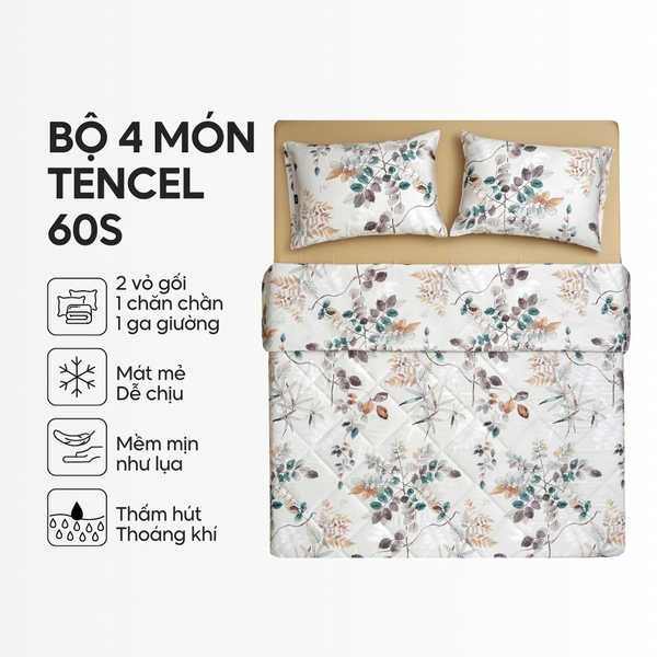 Bộ chăn ga gối 4 món (chăn chần bông) Lụa Tencel 60S họa tiết - Trúc diệp